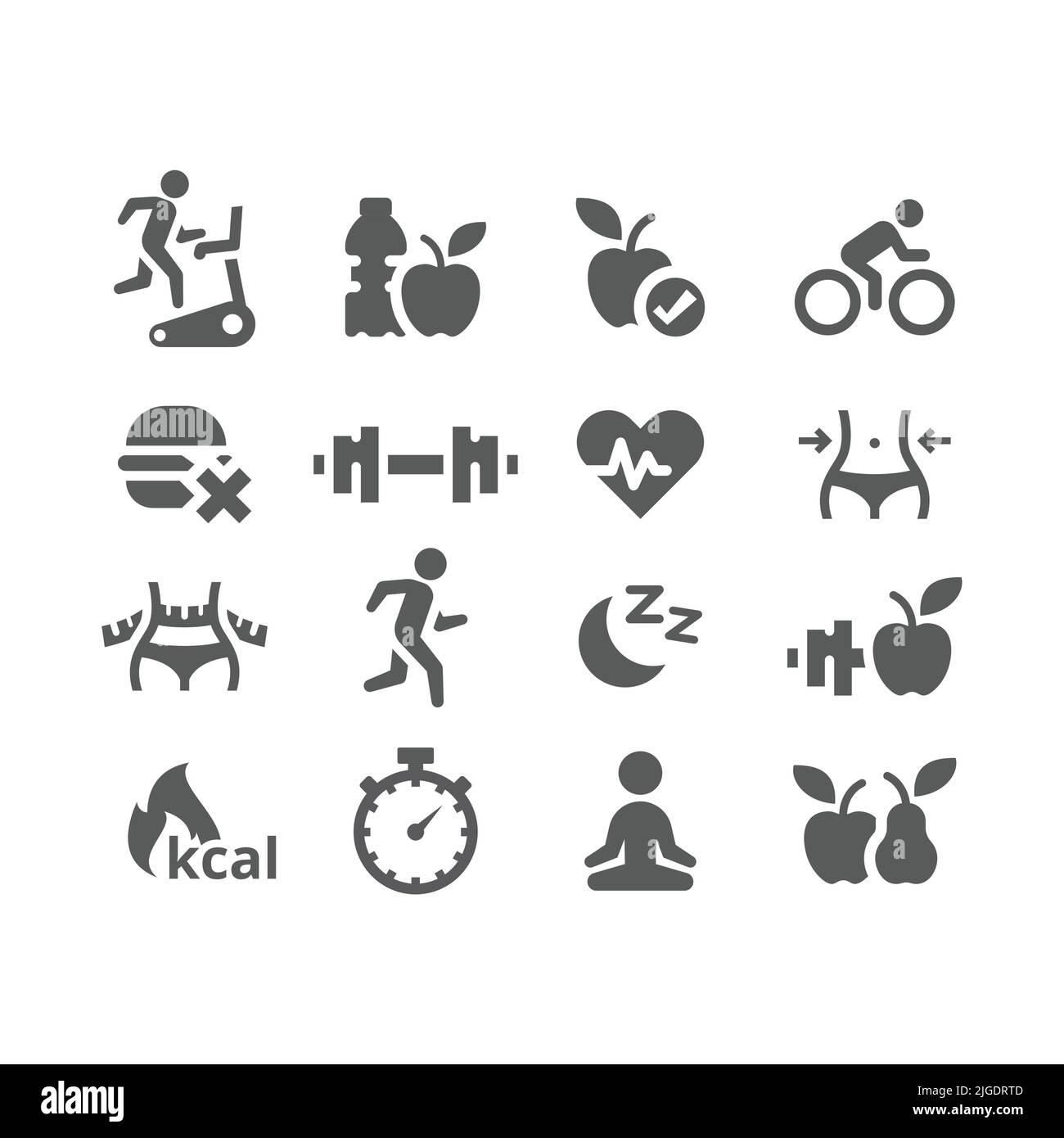 Set di icone vettoriali per allenamento e allenamento. Fitness, perdita di peso e cibo sano e stile di vita pieno icone. Illustrazione Vettoriale
