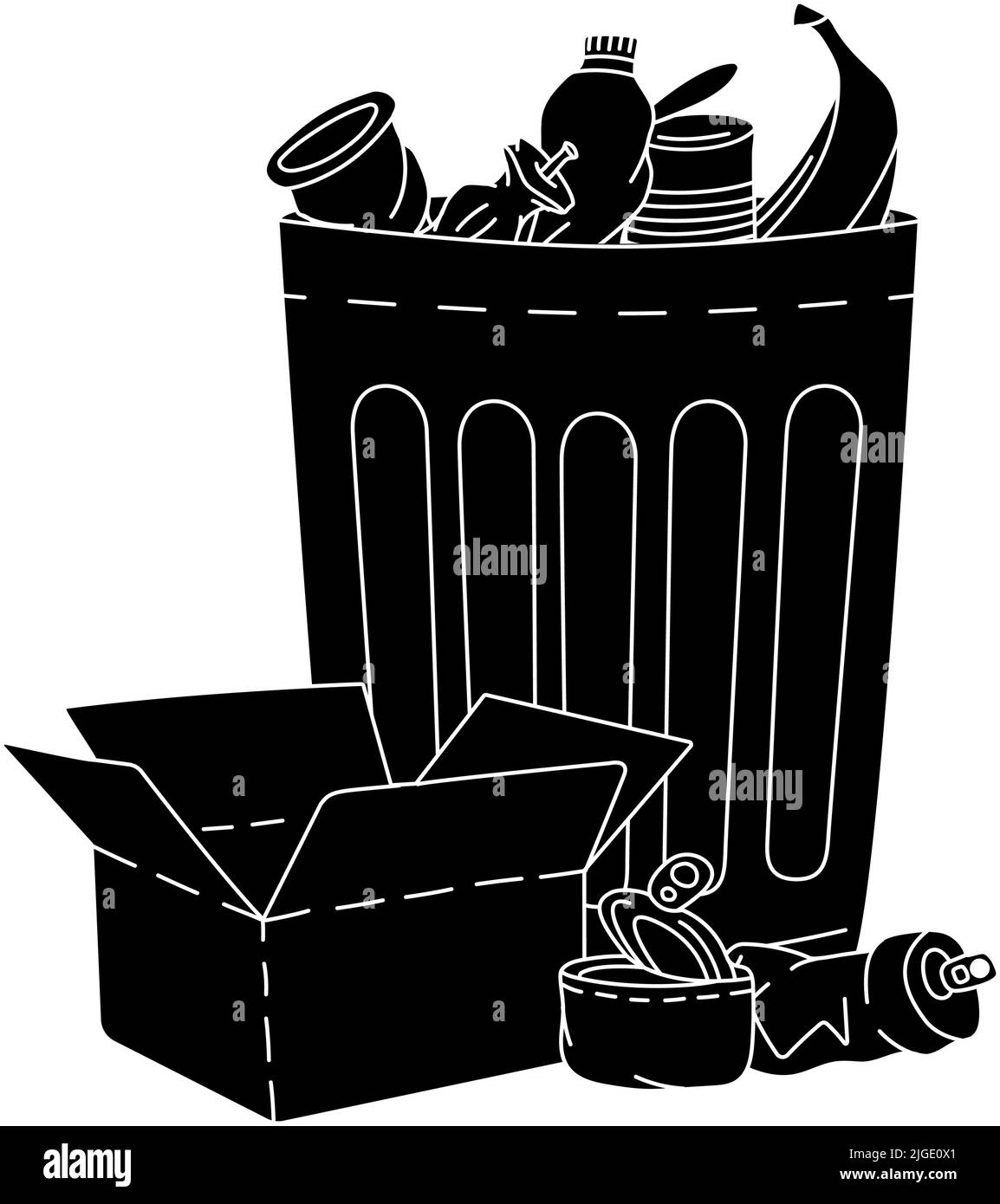 Contenitore rifiuti con rifiuti non ordinati. Illustrazione di plastica, vetro, metallo, carta, rifiuti organici. Contenitore di metallo nero spazzatura con rifiuti diversi. Illustrazione Vettoriale
