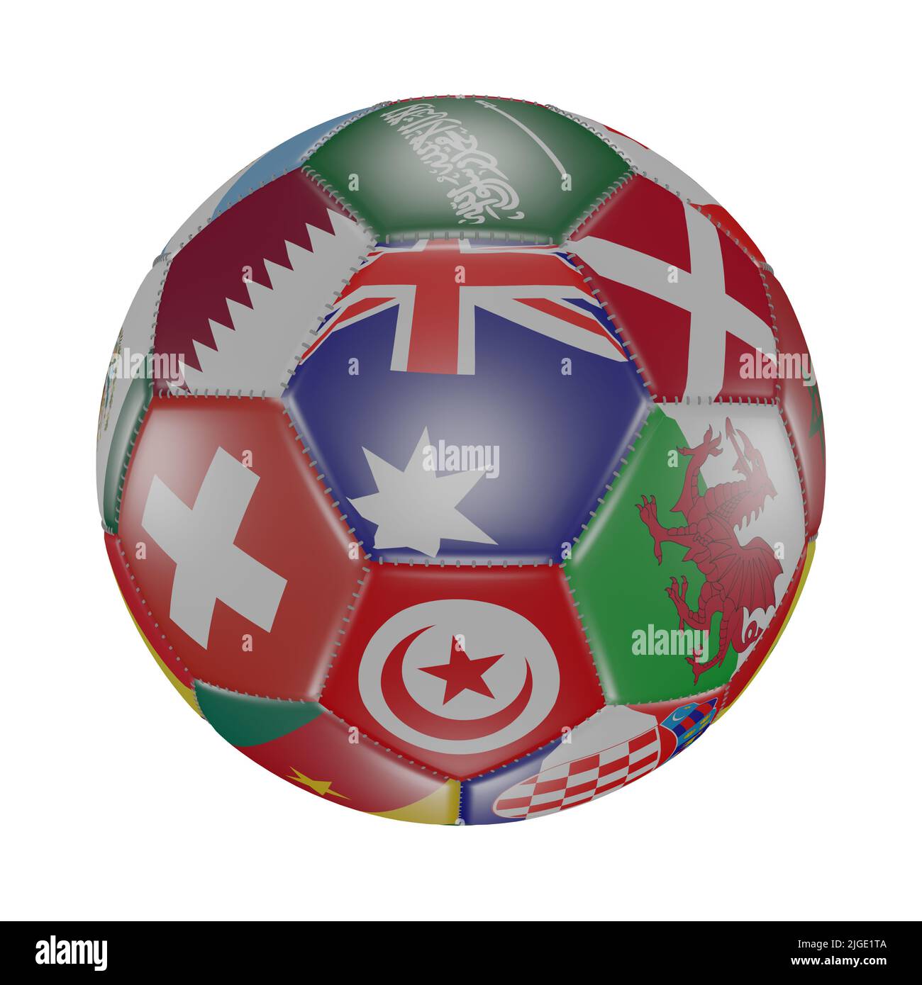 Australia bandiera tra le altre bandiere del mondo su 3D pallone da calcio. Isolato su bianco. Qatar 2022. Rendering Foto Stock