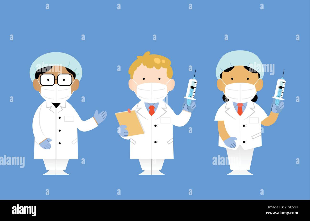 Set di tre illustrazioni vettoriali piatti di diversi medici, uomini e donne, con maschera protettiva FFP2 e con una siringa di vaccino. Illustrazione Vettoriale