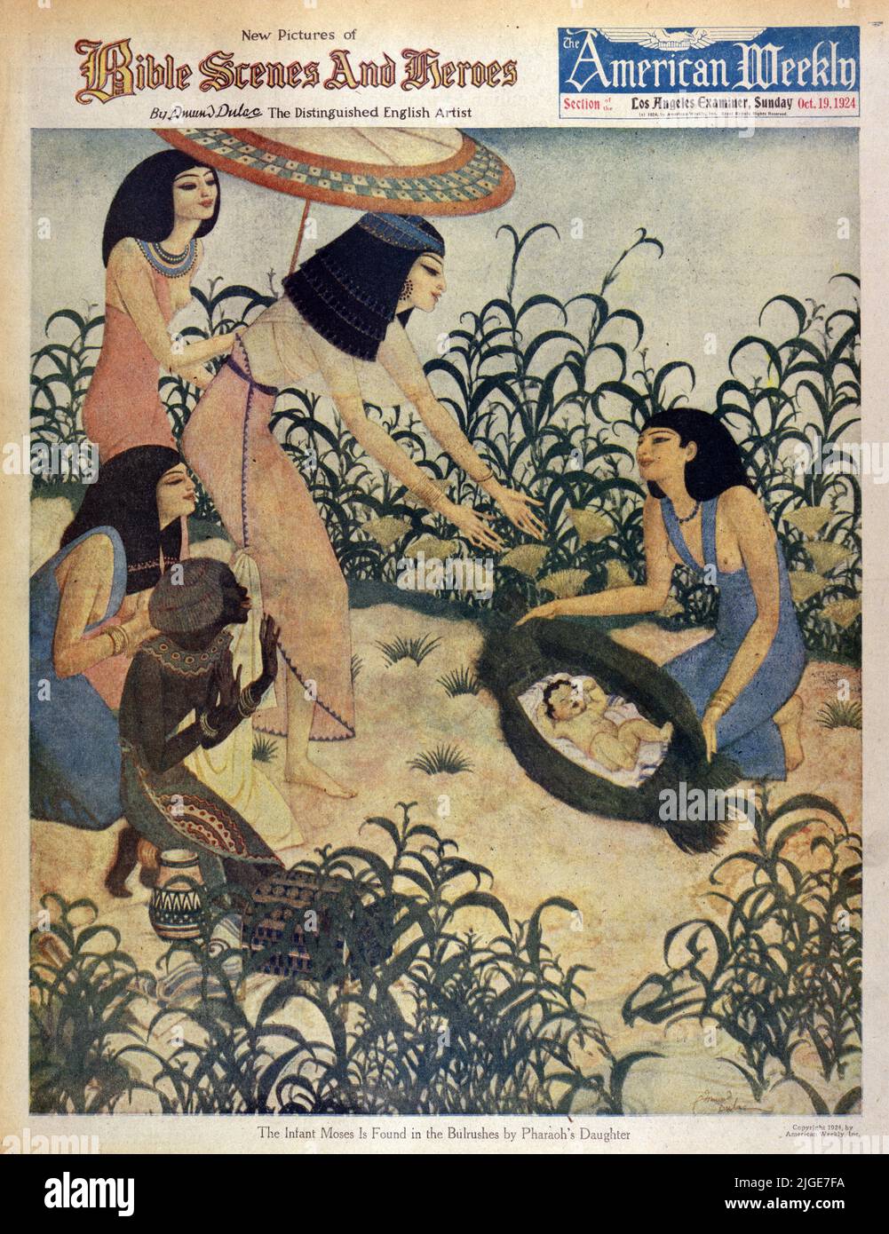 'Il Mosè infantile si trova nei Bulrushes dalla figlia del faraone' il 19,1924 ottobre nella rivista americana settimanale della domenica dipinta da Edmund Dulac. Foto Stock