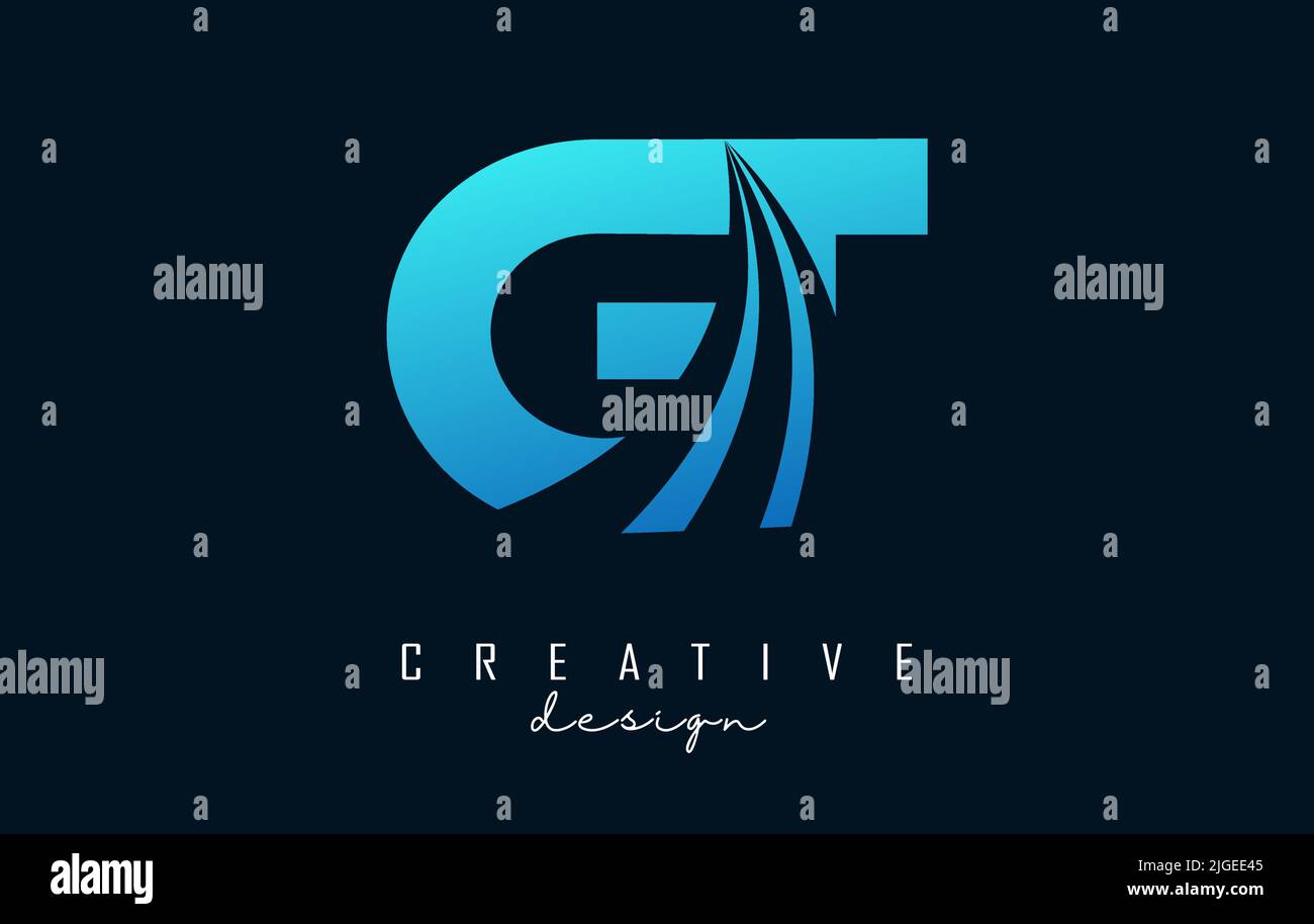 Logo Creative blu lettera GT g t con linee di punta e design Road Concept. Lettere con disegno geometrico. Illustrazione vettoriale con lettere e tagli. Illustrazione Vettoriale