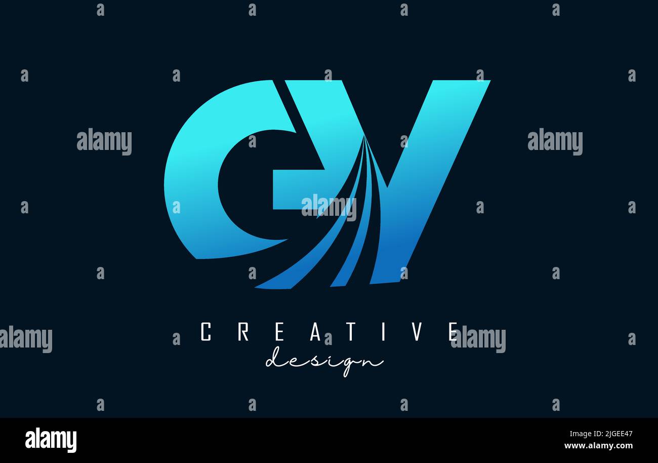 Logo Creative blu lettera GV g v con linee leader e design Road concept. Lettere con disegno geometrico. Illustrazione vettoriale con lettere e tagli. Illustrazione Vettoriale