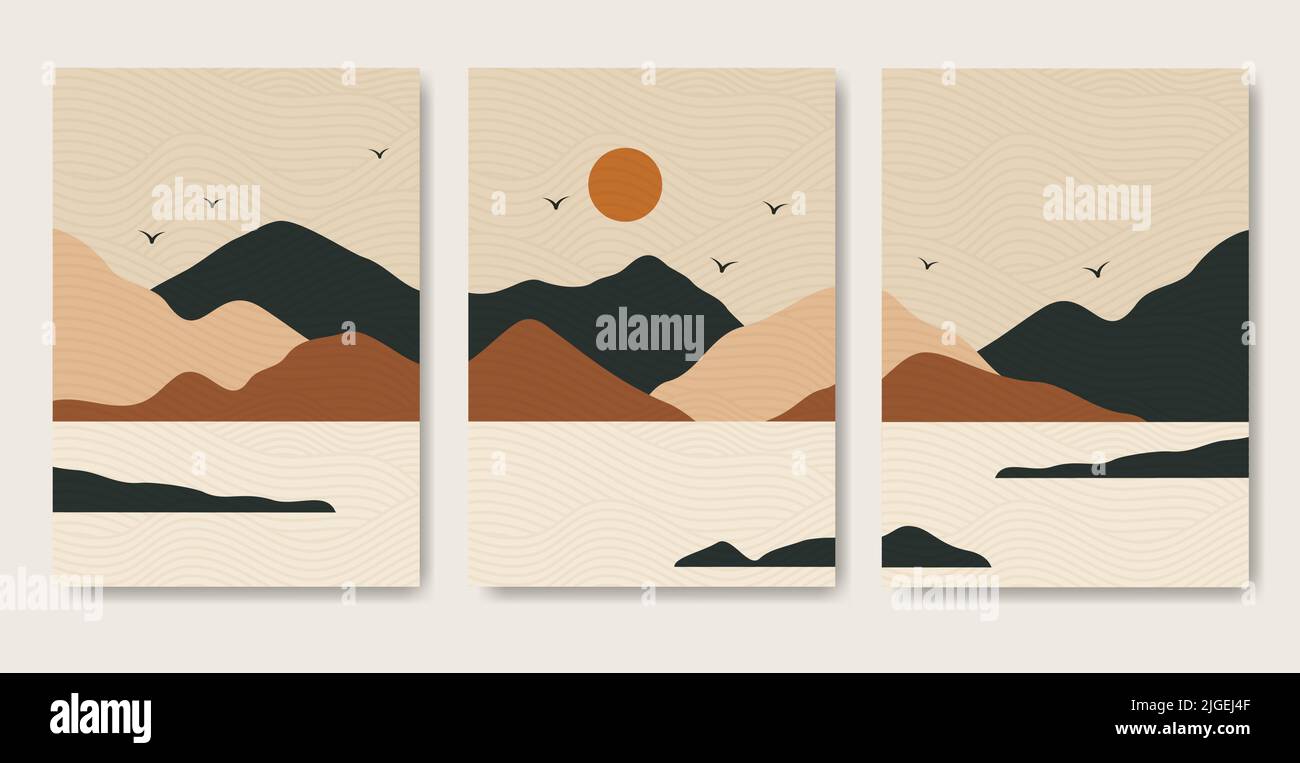 Astratto boho paesaggio di montagna poster set. Sfondo moderno boho testurizzato Illustrazione Vettoriale