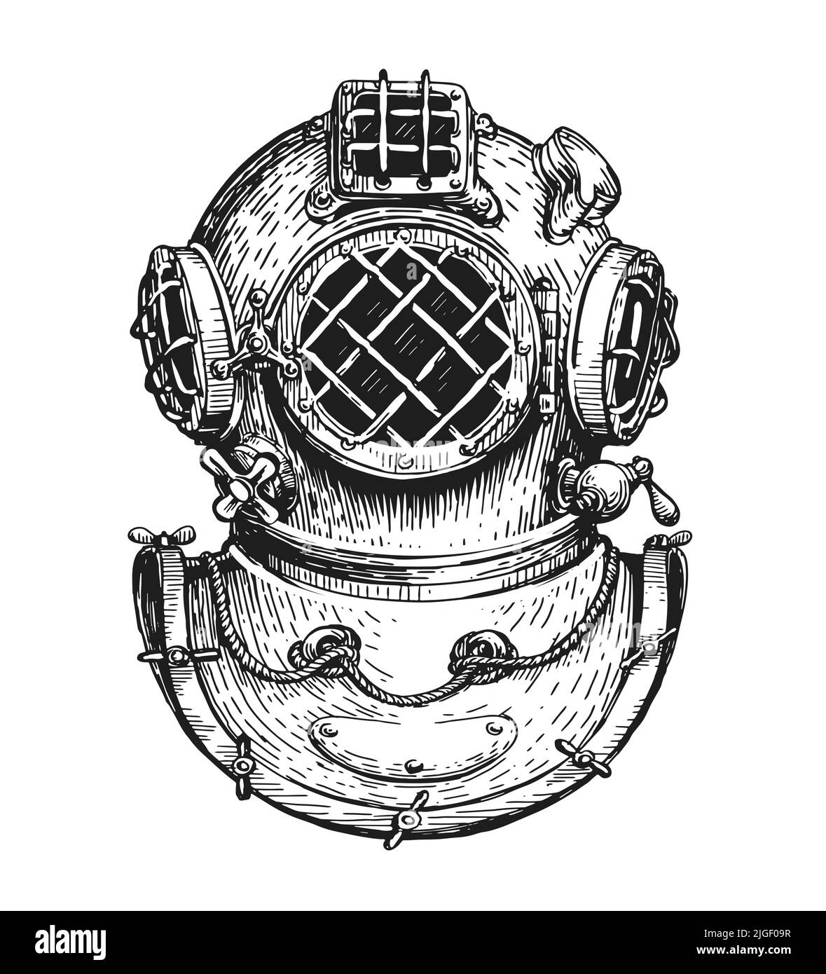 Disegno del casco vintage subacqueo. Concetto di immersione in mare. Illustrazione vettoriale nautica disegnata in vecchio stile di incisione Illustrazione Vettoriale