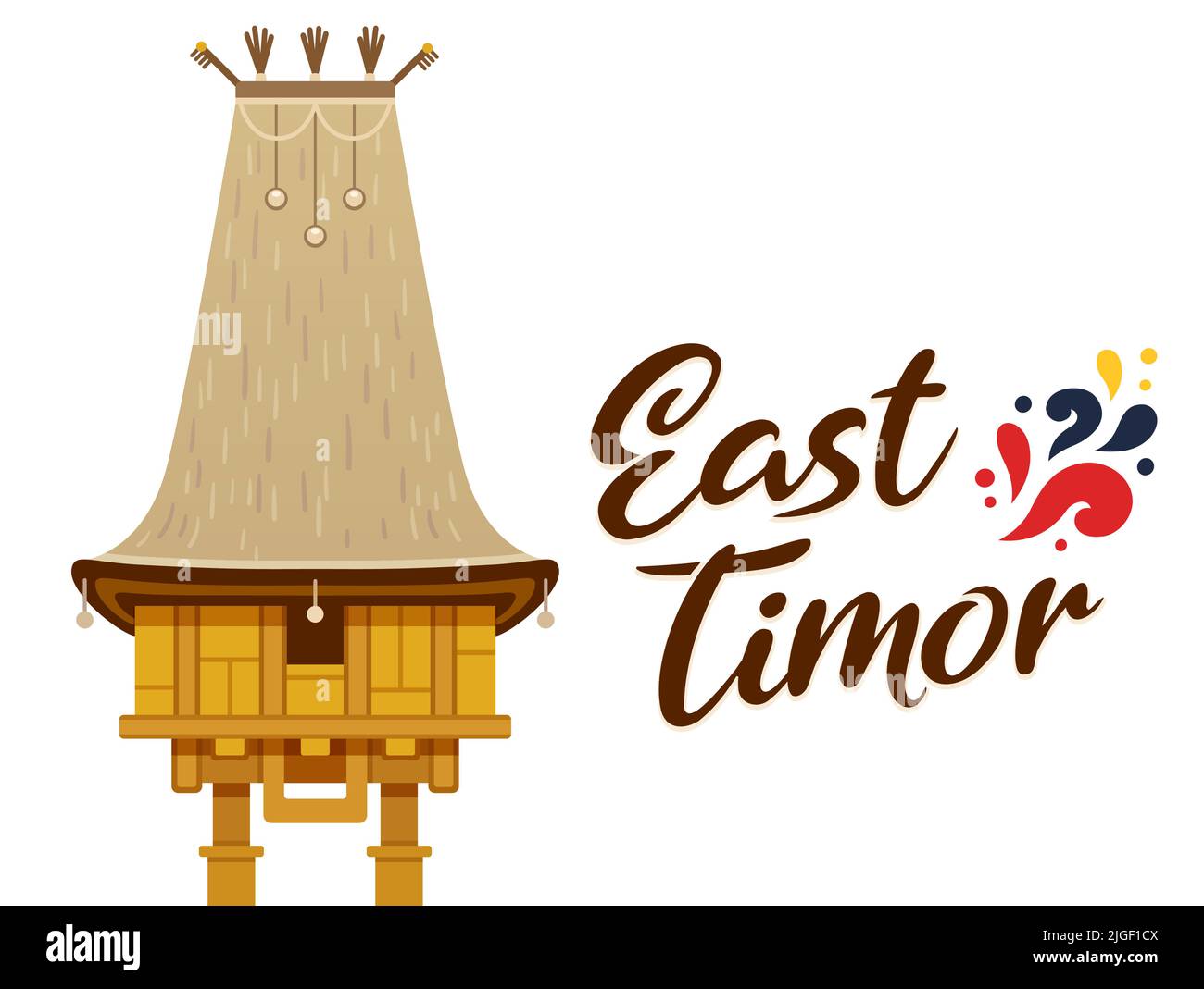 Timor Est banner di viaggio con Uma Lulik, tradizionale casa di spirito sacro. Illustrazione vettoriale, disegno cartoon clip art. Illustrazione Vettoriale