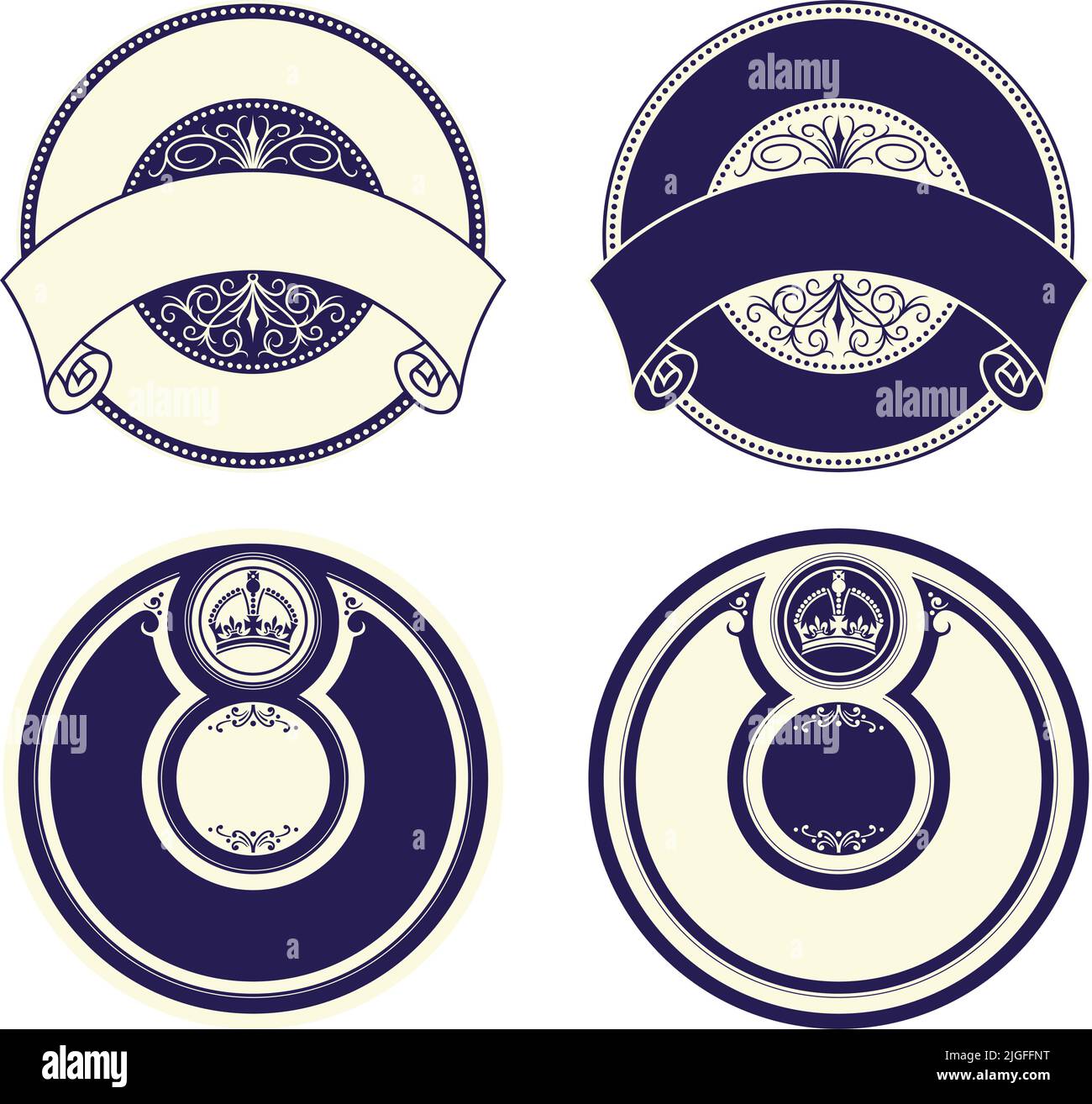 Una serie di loghi decorativi vettoriali bianchi decorativi con logo decorativi e di etichette. Illustrazione Vettoriale