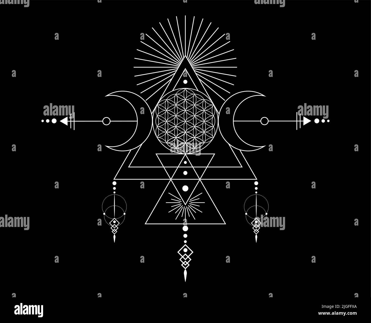 Triplice Dea e Fiore della vita, geometria Sacra, triangoli tribali, fasi lunari in stile Shaman boho. Tatuaggio, astrologia, alchimia e simboli magici. Illustrazione Vettoriale