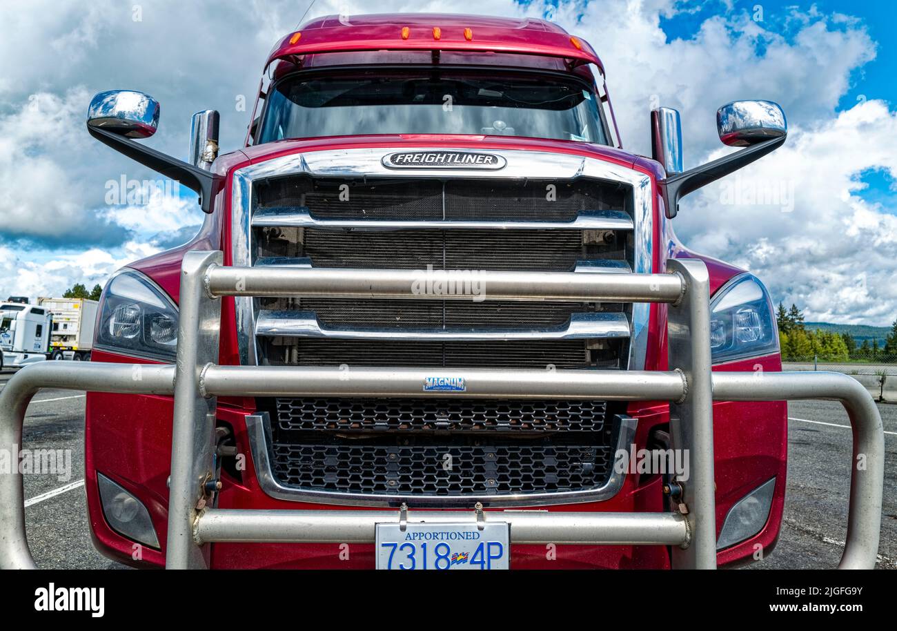 La griglia e la griglia di protezione di un semirimorchio Freightliner Cascadia rosso parcheggiato in una fermata di riposo sull'Interstate 90 a Washington, USA Foto Stock