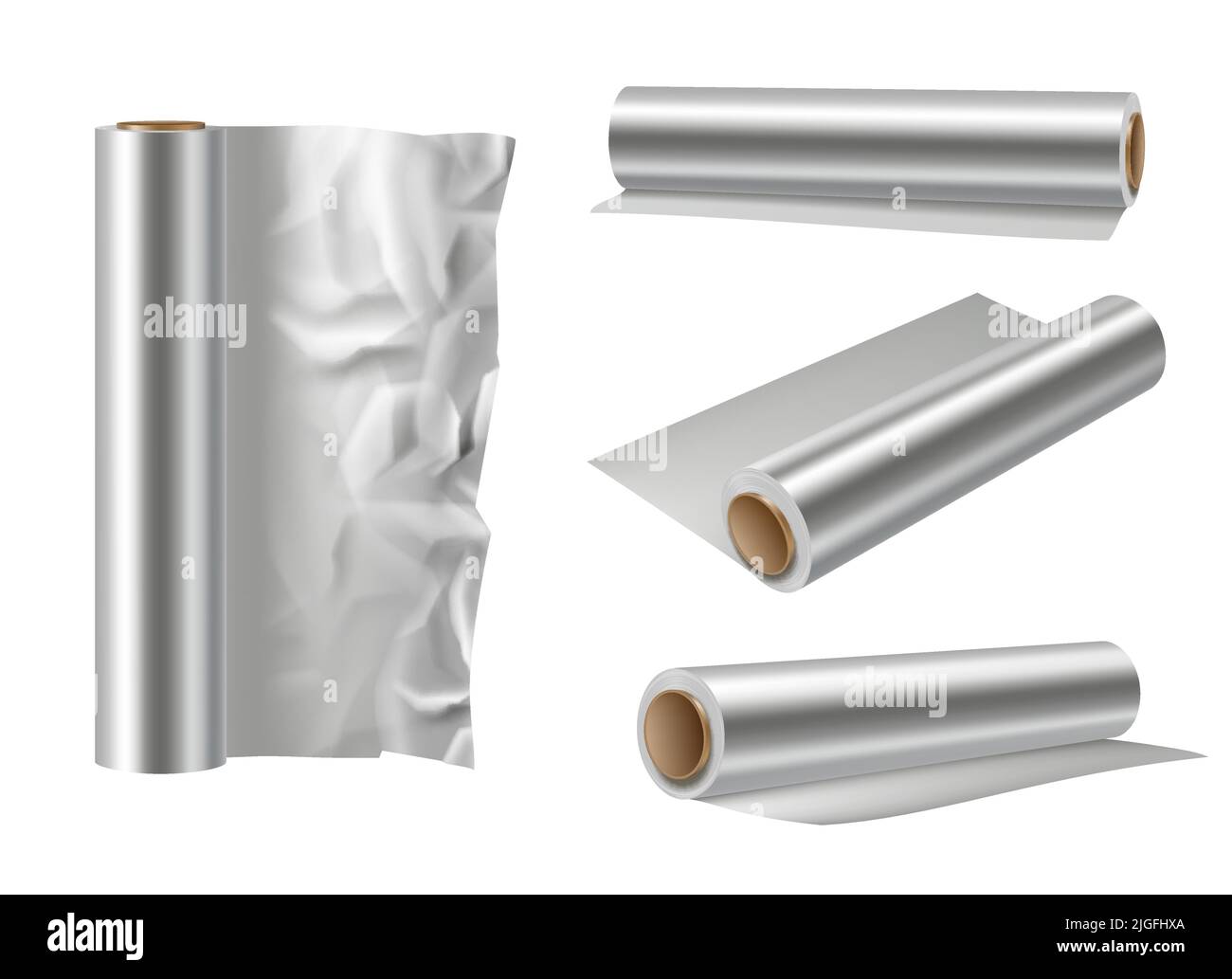 Foglio di alluminio. Carta metallica per la cottura preparazione del prodotto decente vettore argento rotoli modelli realistici Illustrazione Vettoriale