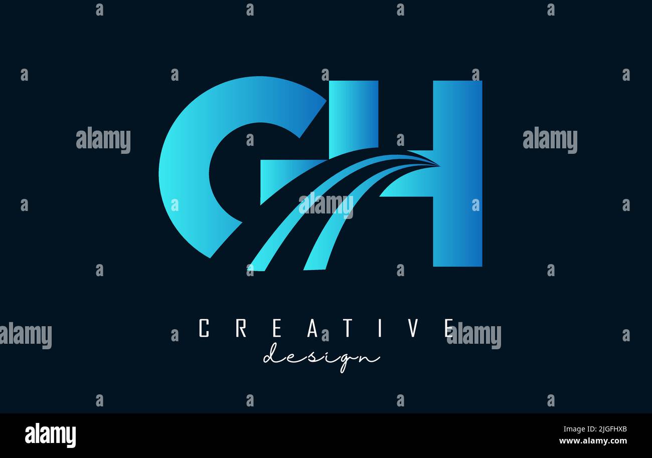 Logo GH g h creativo con lettere blu con linee di punta e design Road Concept. Lettere con disegno geometrico. Illustrazione vettoriale con lettere e tagli. Illustrazione Vettoriale