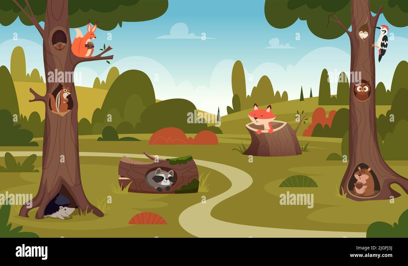 Animali selvaggi della foresta. Grandi alberi vuoti per rilassarsi tempo esatto vettore cartoon sfondo Illustrazione Vettoriale