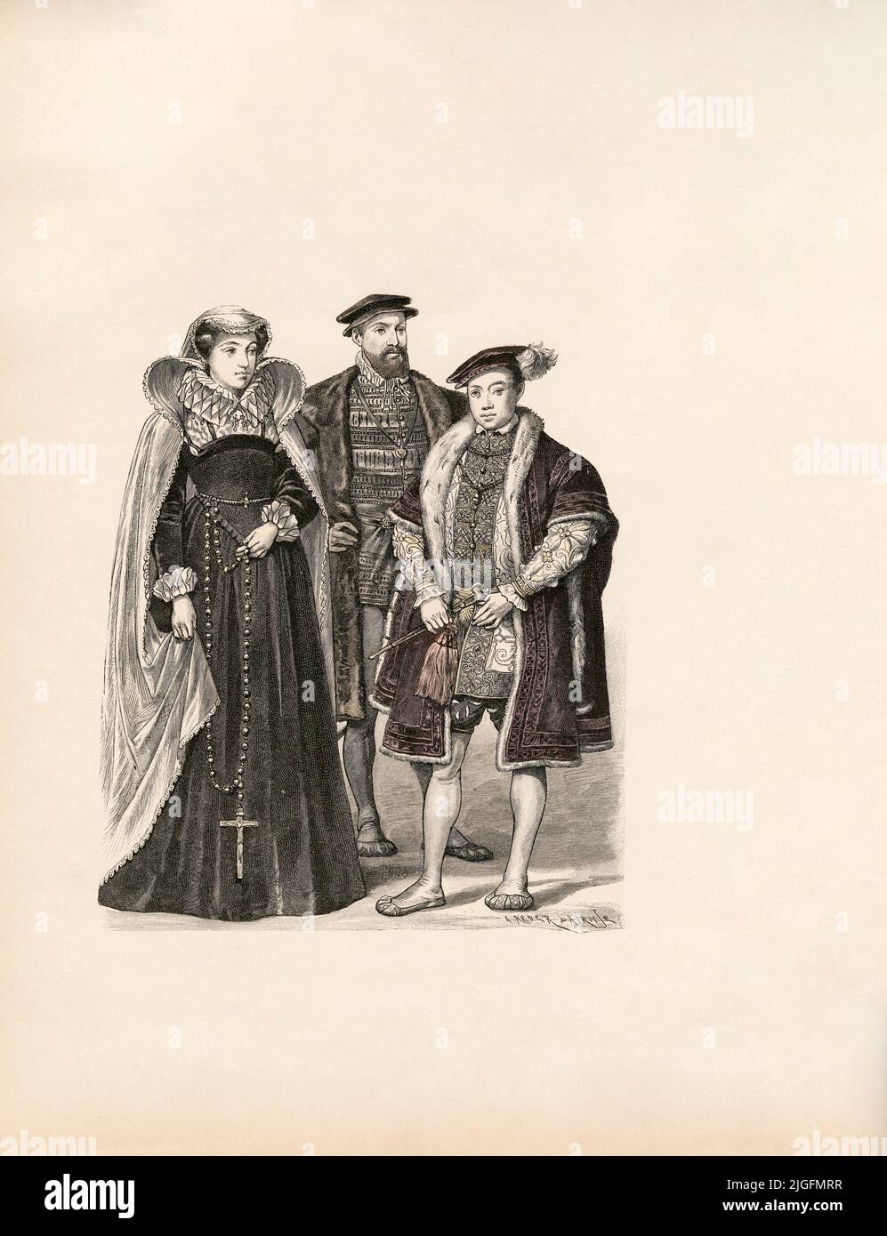Maria di Scozia (fine 16th secolo), conte Douglas di Angus (1570), Edoardo VI (1550), Inghilterra, 16th secolo, illustrazione, The History of Costume, Braun & Schneider, Monaco di Baviera, Germania, 1861-1880 Foto Stock
