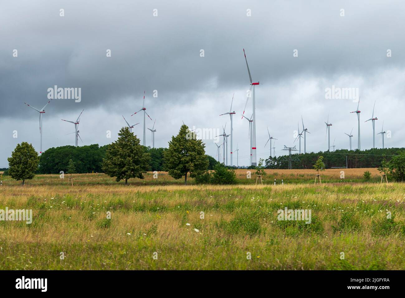 Area rurale con molte turbine eoliche Foto Stock