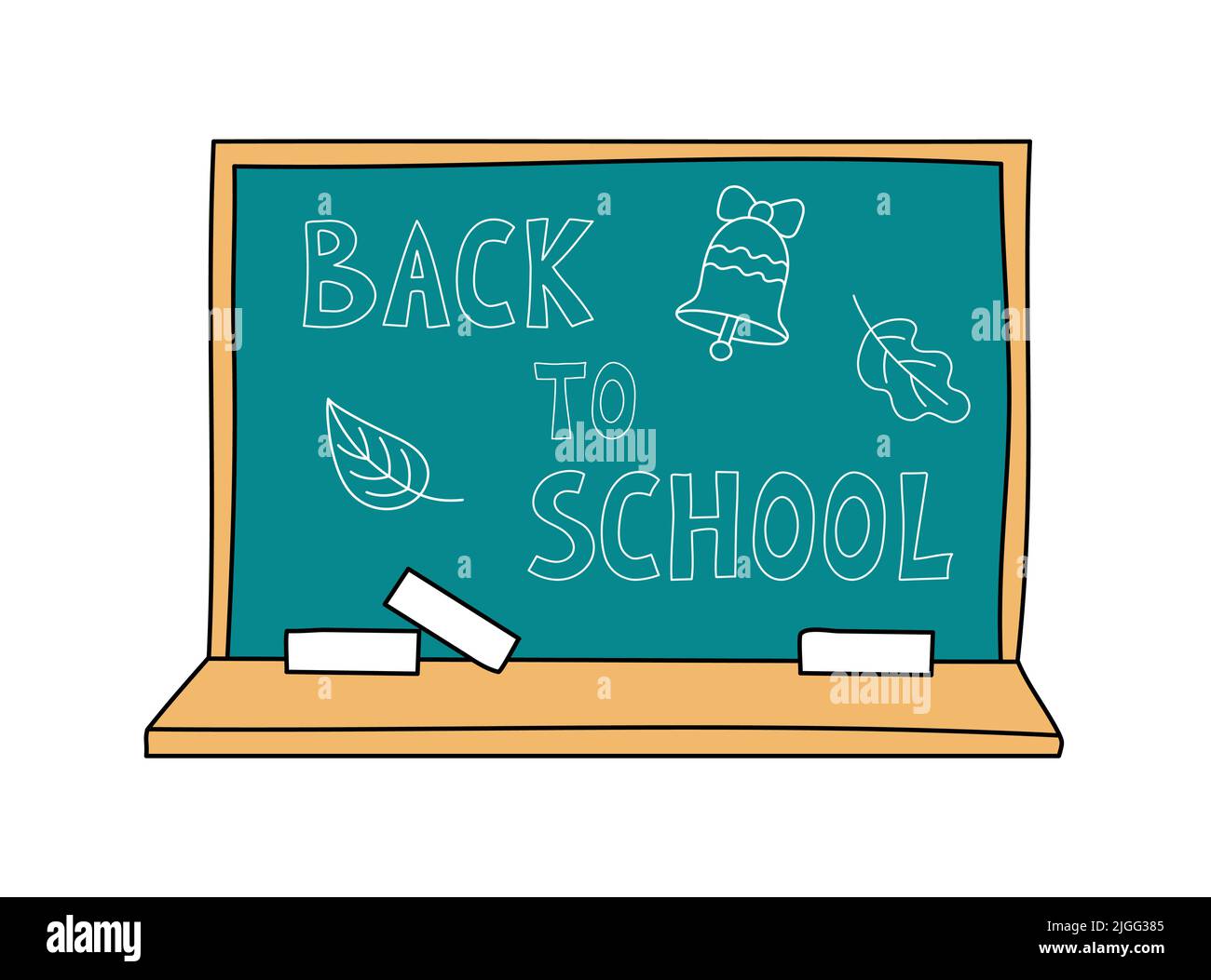 Torna a scuola parole disegnate a mano scritte sulla lavagna. Cartoon classe verde bordo isolato. Design elementi doodle. Illustrazione vettoriale. Illustrazione Vettoriale