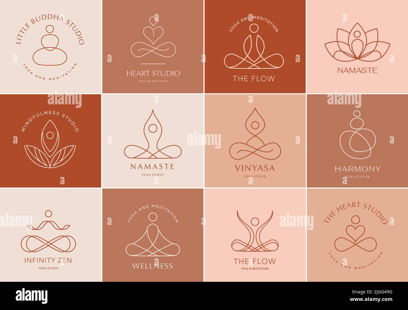 Collezione di logo Yoga, Zen e meditazione, icone lineari ed elementi. Illustrazioni minimaliste in stile bohémien in colori pastello Illustrazione Vettoriale