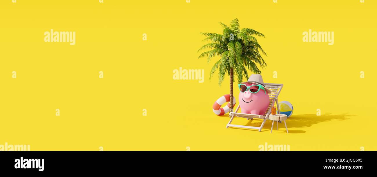 Piggy banca di riposo in sedia da spiaggia su sfondo giallo. Vacanza estiva concetto 3D rendere illustrazione 3D Foto Stock