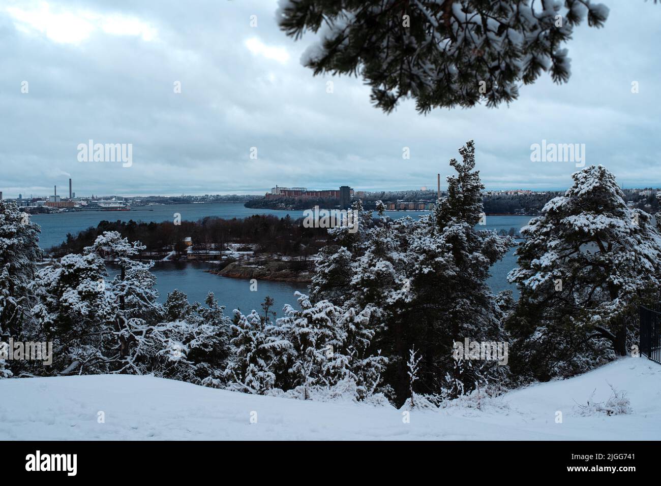 Paesaggio invernale con edifici e alberi, Nacka, Stoccolma, Svezia Foto Stock