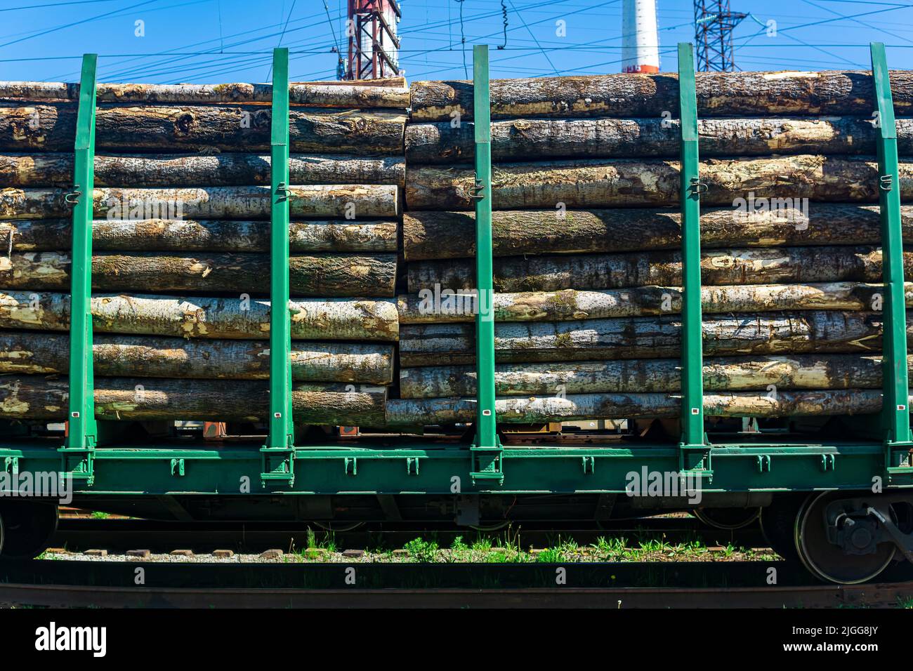 carri ferroviari caricati per il trasporto di tronchi da vicino Foto Stock