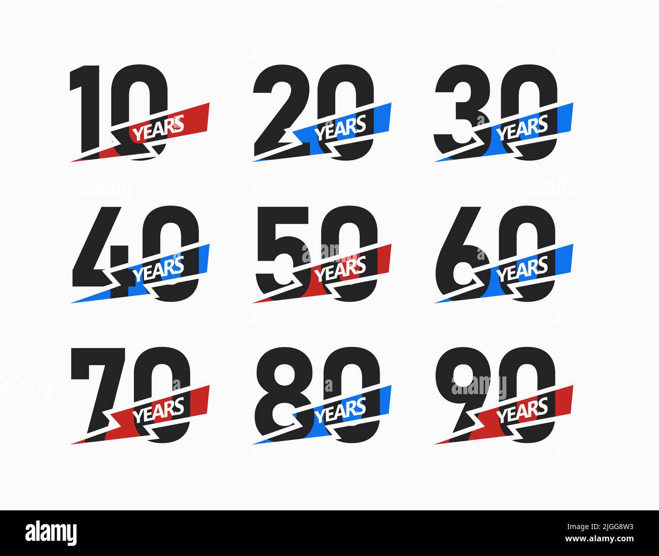 Numeri di anniversario con icona a nastro, disegno grafico anni giubilari per le congratulazioni e biglietto di invito, poster di compleanno, banner, logo Illustrazione Vettoriale