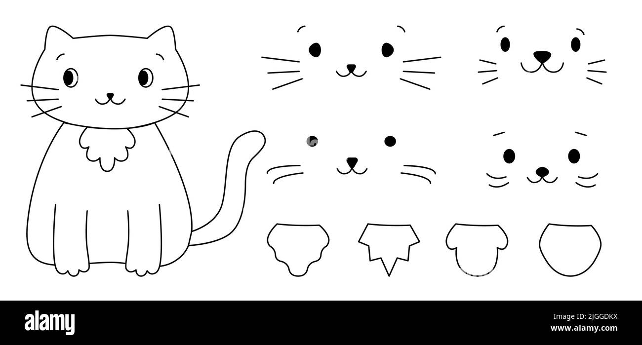 Cute line Cat con set shirtfront. Una collezione di diversi mazzle per un gattino. Immagine dei bambini isolata su sfondo bianco. Piccolo kit per animali domestici volti con baffi. Illustrazione vettoriale Illustrazione Vettoriale