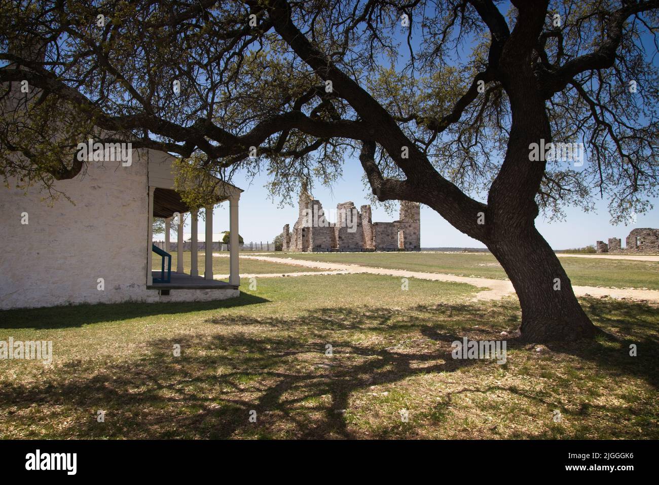 Officers Quarters a Fort McKavett, Texas: Un albero oscuro e vecchio comanda l'attenzione vicino ad uno dei dodici officer's Quarters originariamente costruiti. Foto Stock