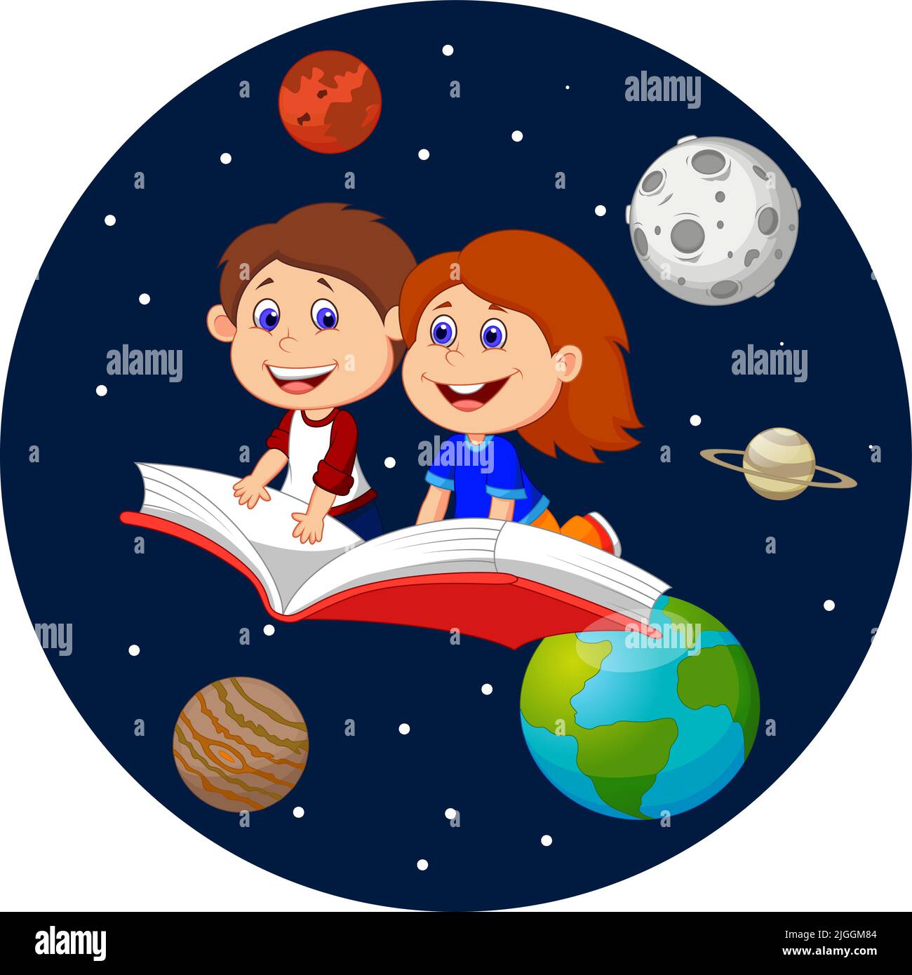 Cartone animato ragazzi felici volare su un libro in spazio esterno Illustrazione Vettoriale