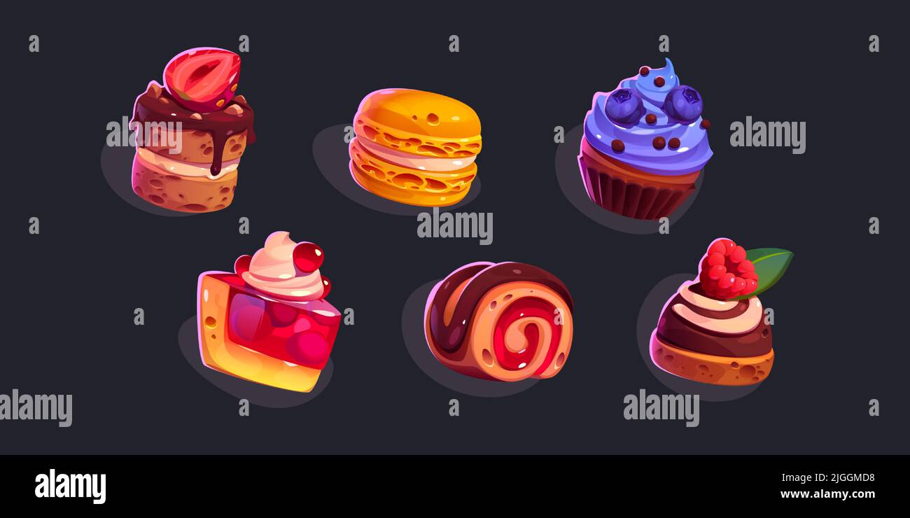 Giochi icone dolci, dolci e dessert. Cartoon 2D ui elementi grafici, pasticceria, cupcakes, maccheroni, rotolo con condimenti, set di vettori isolati di chocloate, bacche e frutti Illustrazione Vettoriale