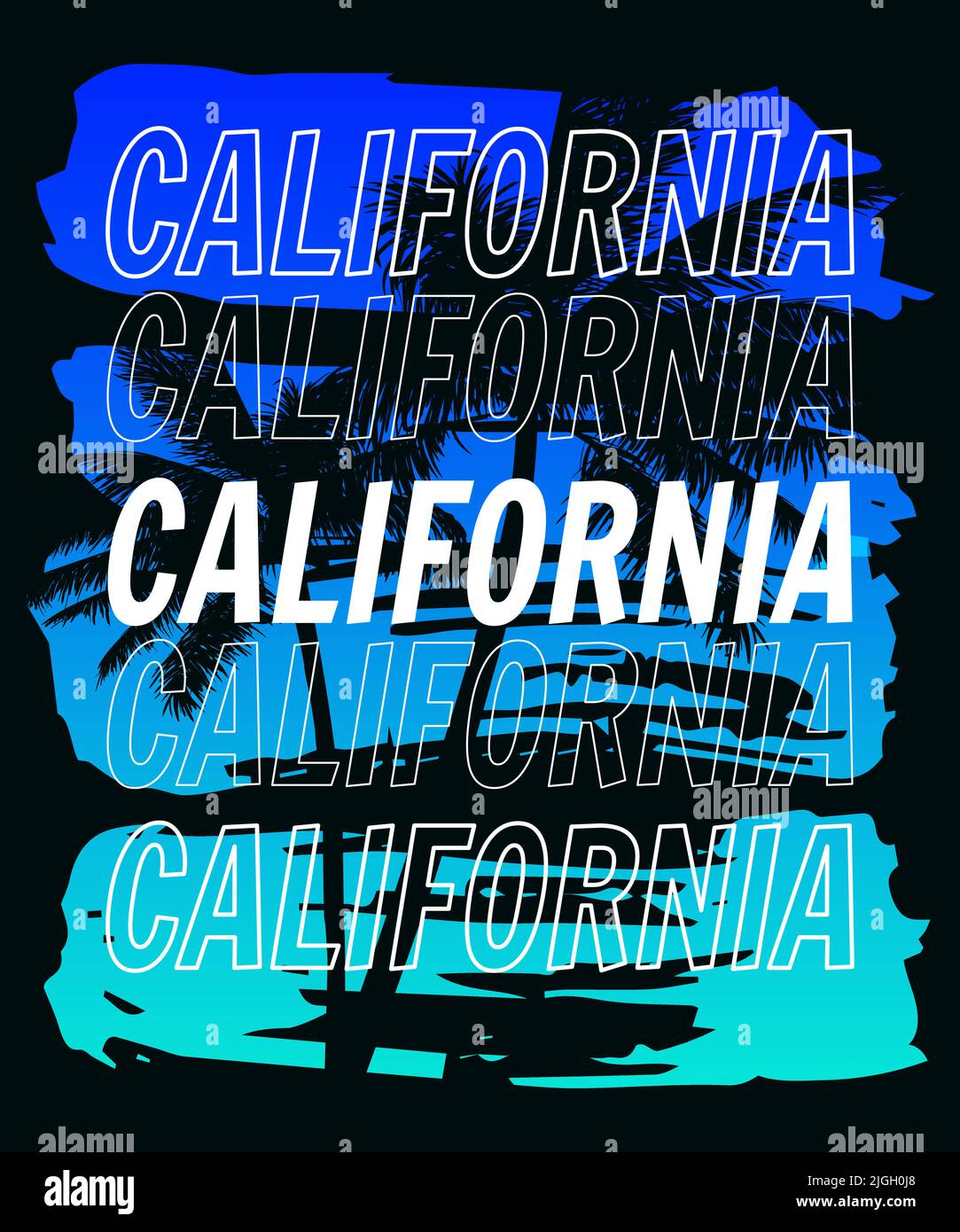 T-shirt California con stampa al tramonto. Poster retrò grunge palme silhouette Illustrazione Vettoriale
