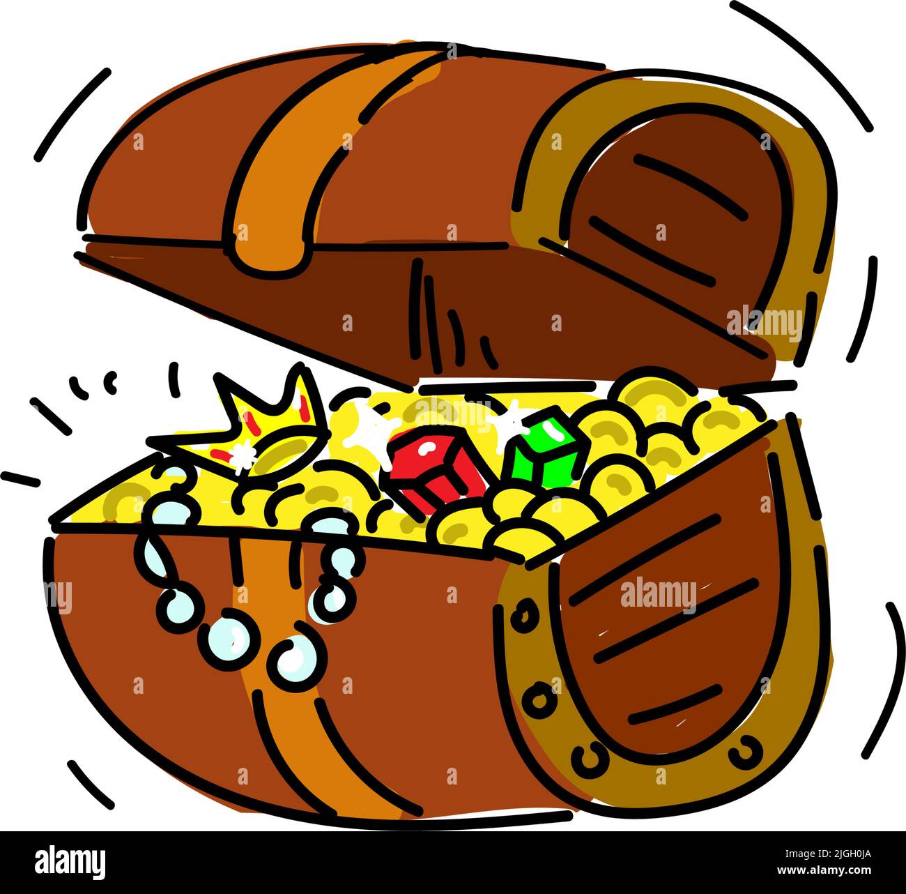 Cassa del tesoro, disegnata a mano in stile doodle. Vecchie monete, corona e gemme. Aprire il torace. Tesoro. Pirati. Vettore stile piatto. Adatto per bambini Illustrazione Vettoriale