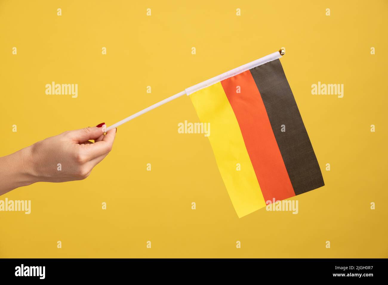 Profilo vista laterale primo piano della mano donna che tiene bandiera della Germania. Giorno della Germania - 3th ottobre. Studio interno girato isolato su sfondo giallo. Foto Stock