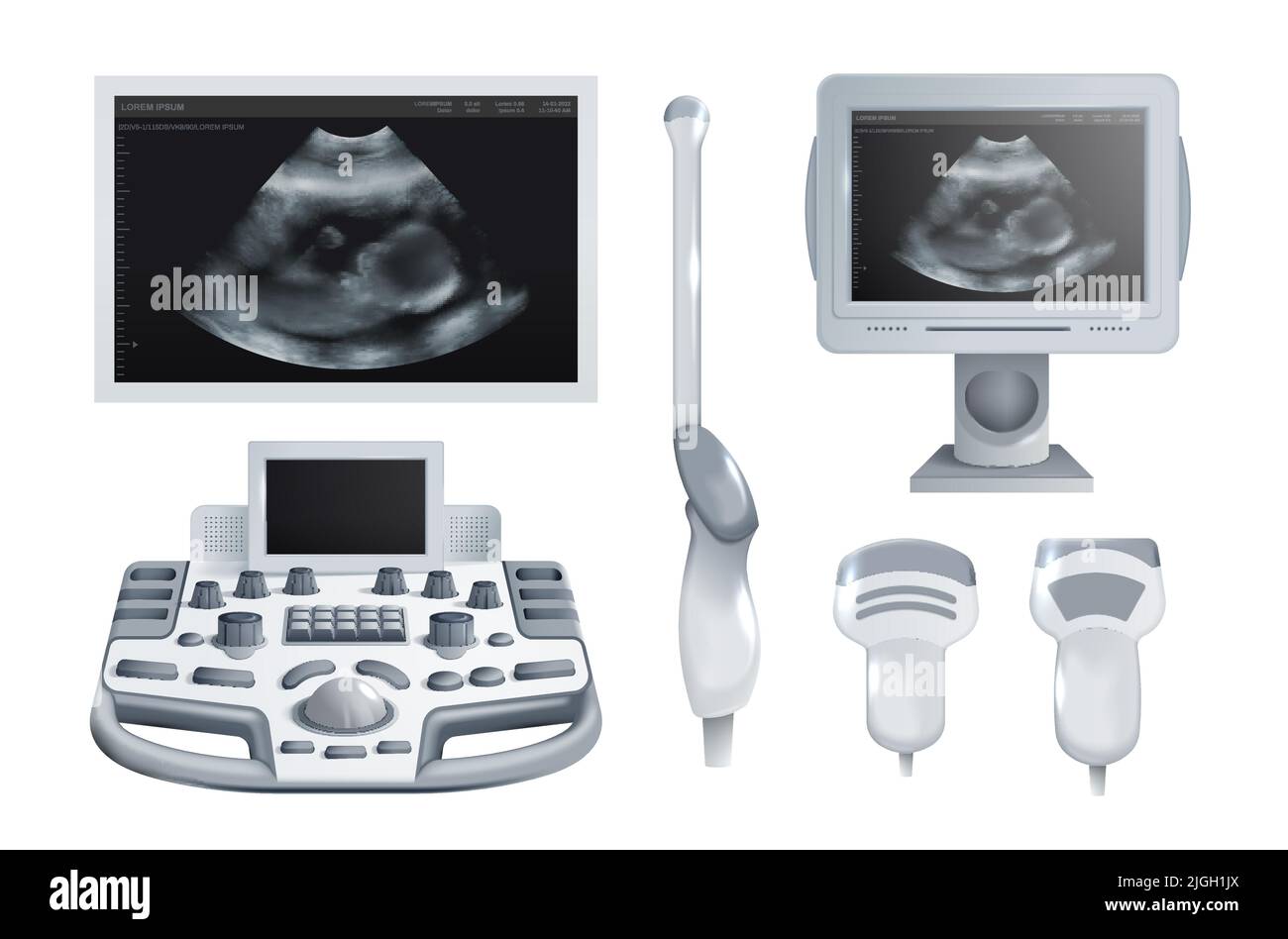 Apparecchiature ecografiche realistiche con trasduttore speciale per lo screening della gravidanza e per l'illustrazione di vettori isolati di snapshot embrionali Illustrazione Vettoriale