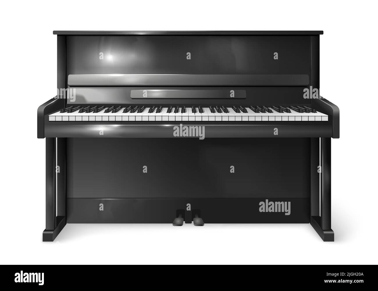 Classico piano verticale nero realistico con tastiera aperta isolata su sfondo bianco illustrazione vettoriale Illustrazione Vettoriale