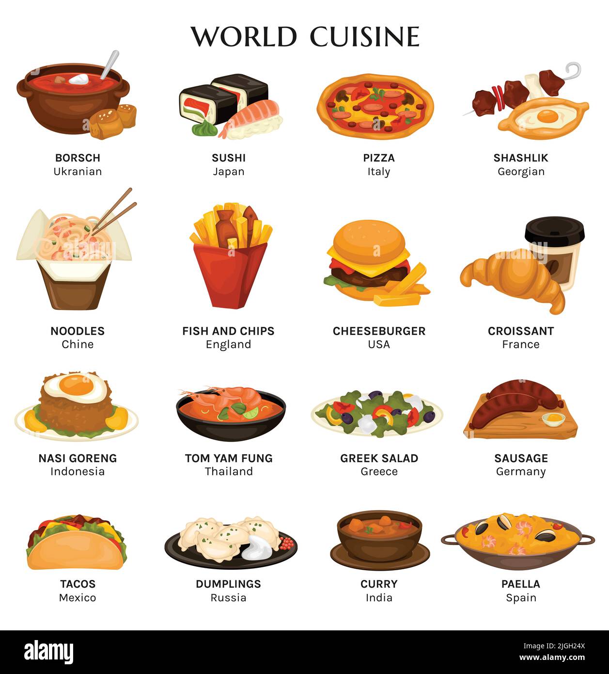 Cuisines World ambientato con immagini isolate di cibi fast food e piatti gourmet serviti con didascalie editabili illustrazione vettoriale Illustrazione Vettoriale