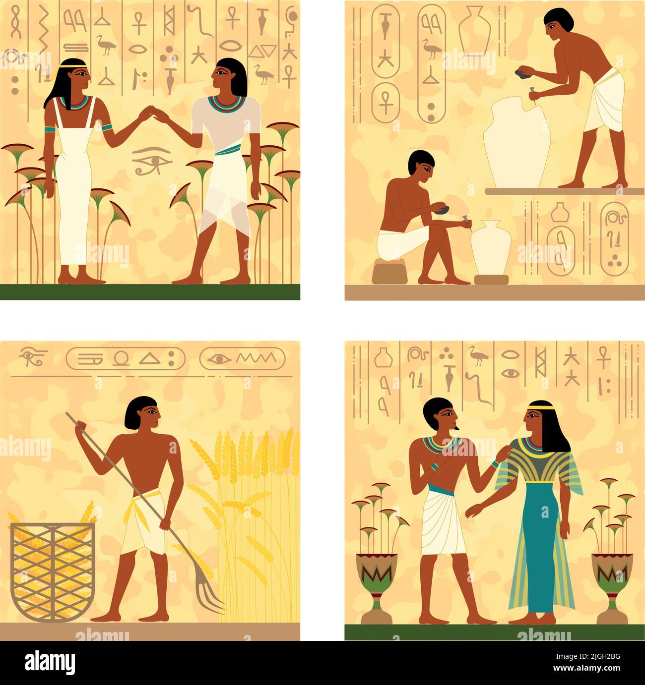 Set con quattro composizioni quadrate isolate di personaggi umani piatti in abiti preistorici durante varie attività illustrazione vettoriale Illustrazione Vettoriale