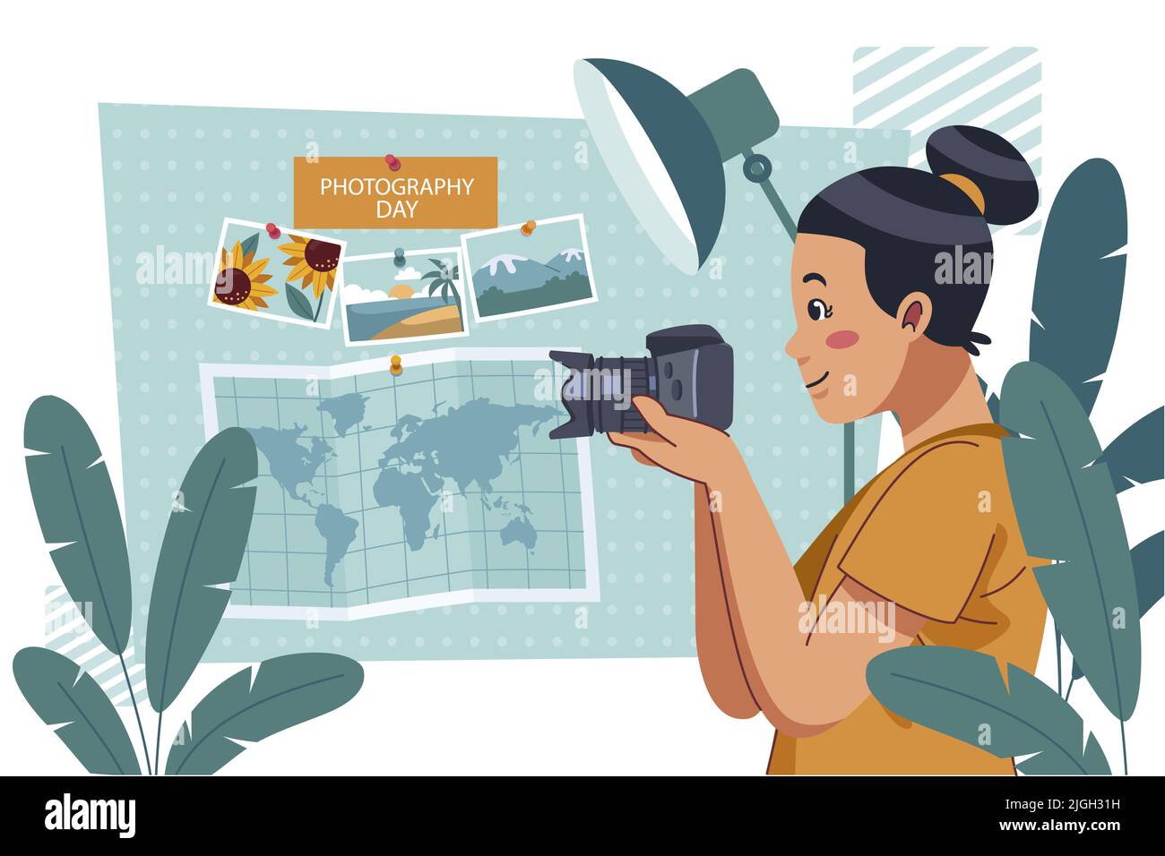 Fotografia mondo piatto giorno sfondo illustrazione vettoriale. Illustrazione Vettoriale