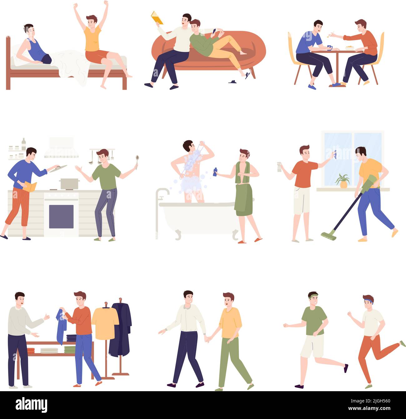 Uomini coppia vita quotidiana set con lgbt simboli piatta isolato vettore illustrazione Illustrazione Vettoriale