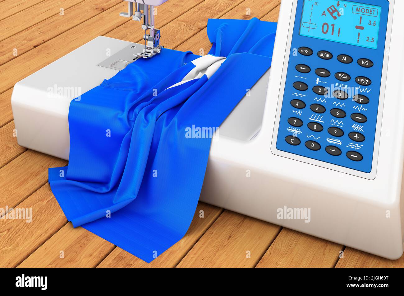 Moderna macchina da cucire con bandiera somala sul tavolo in legno. 3D rendering Foto Stock