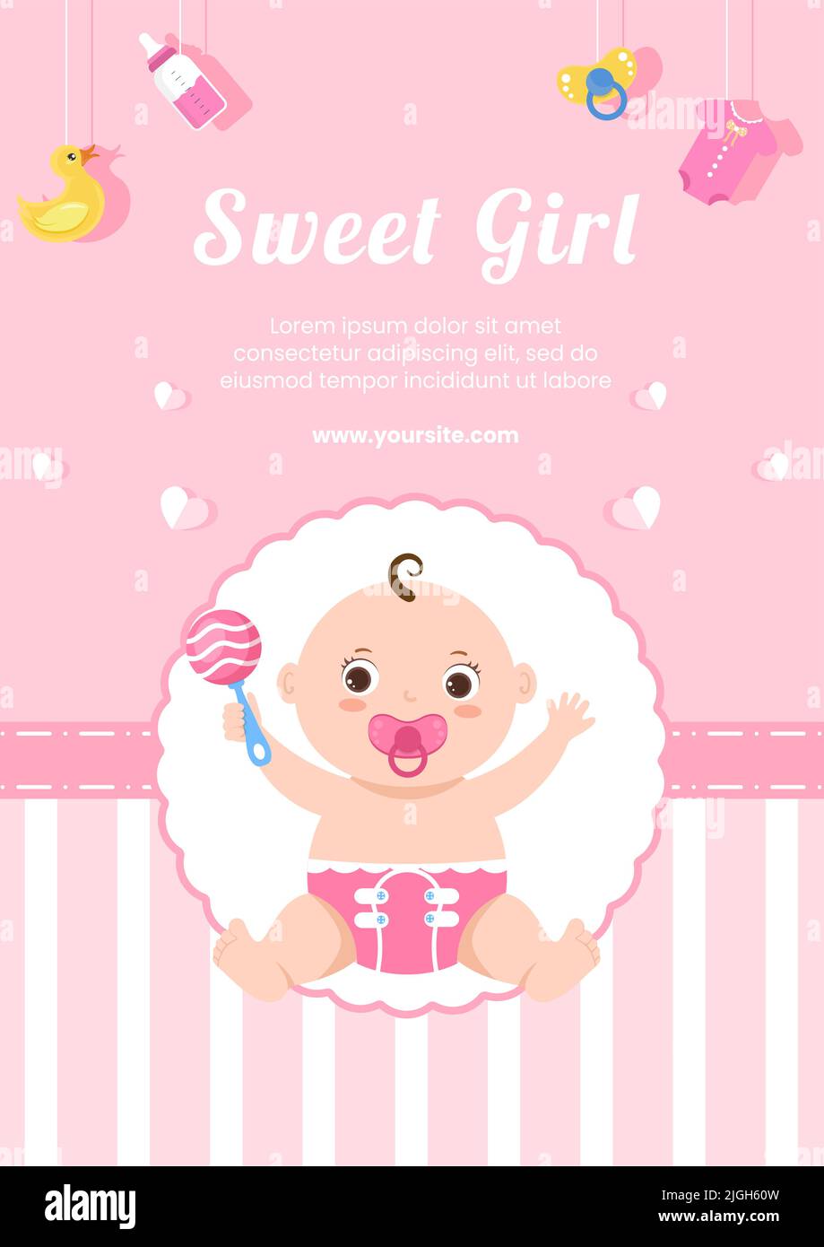 Baby doccia Little Girl Flyer modello Cartoon piano sfondo Vector Illustrazione Illustrazione Vettoriale