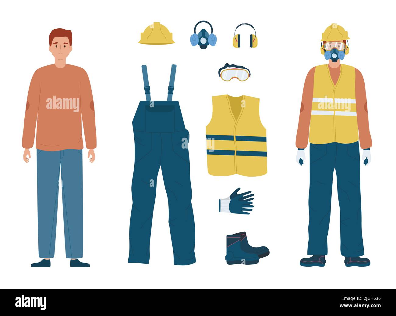Protezione personale set piatto con abbigliamento giubbotto tappi auricolari guanti scarpe occhiali casco respiratore e due caratteri maschi isolato vettore ill Illustrazione Vettoriale