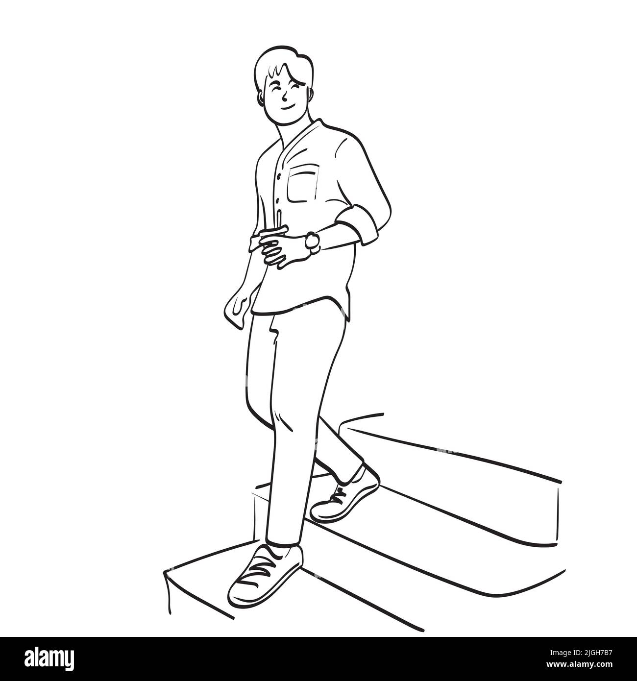 line uomo d'arte con caffè da asporto a portata di mano camminando su gradini illustrazione vettore disegnato a mano isolato su sfondo bianco Illustrazione Vettoriale