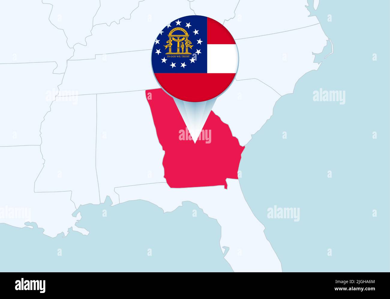 Stati Uniti con la mappa della Georgia selezionata e l'icona della bandiera della Georgia. Mappa vettoriale e flag. Illustrazione Vettoriale
