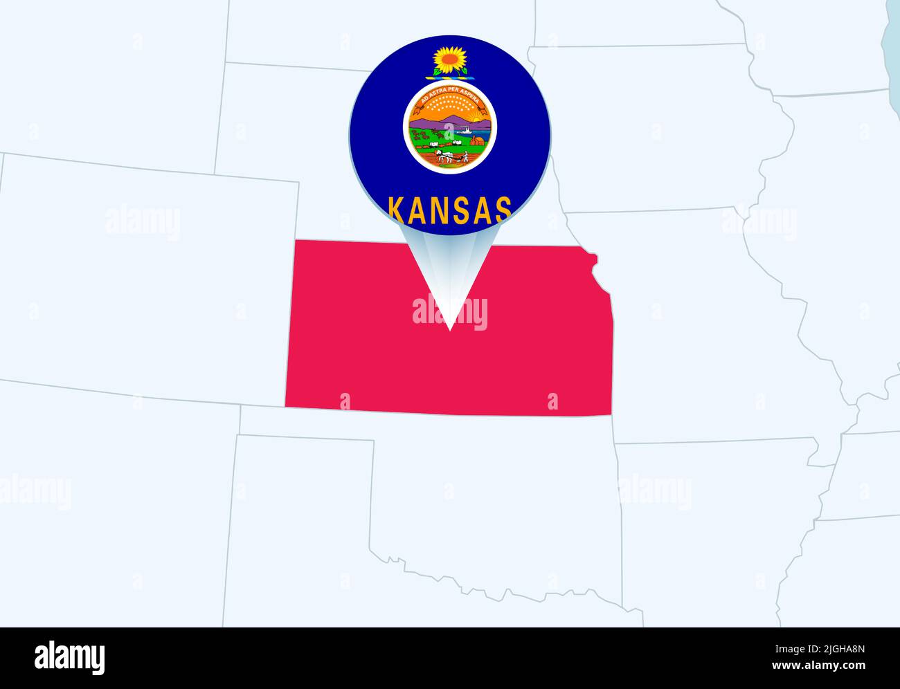 Stati Uniti con la mappa del Kansas selezionata e l'icona della bandiera del Kansas. Mappa vettoriale e flag. Illustrazione Vettoriale