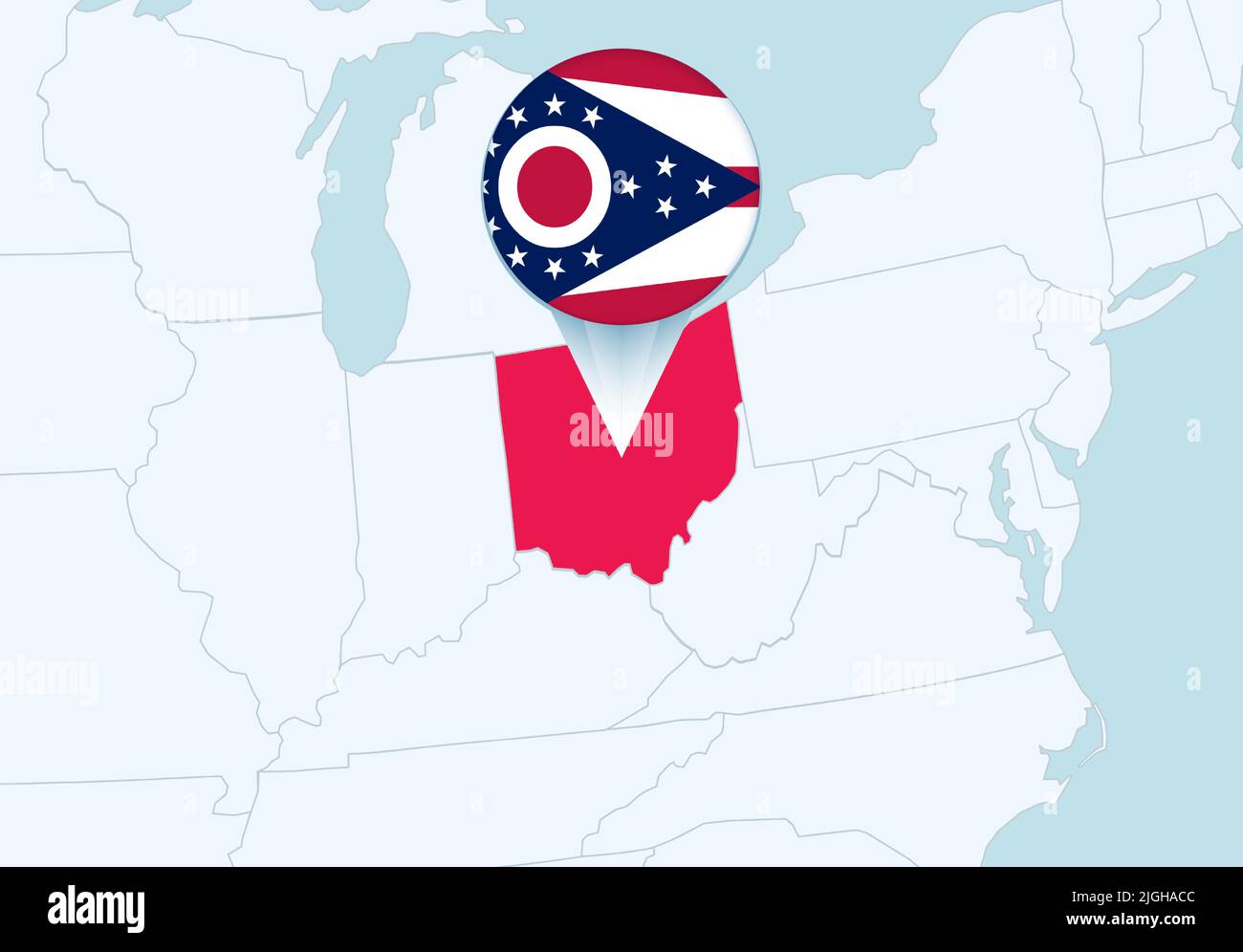 Stati Uniti con la mappa dell'Ohio selezionata e l'icona della bandiera dell'Ohio. Mappa vettoriale e flag. Illustrazione Vettoriale
