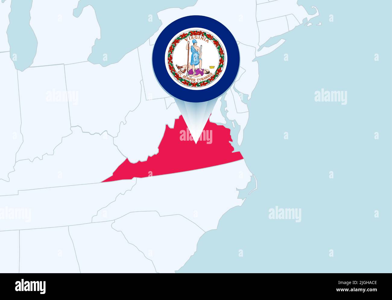 Stati Uniti con mappa della Virginia selezionata e icona della bandiera della Virginia. Mappa vettoriale e flag. Illustrazione Vettoriale