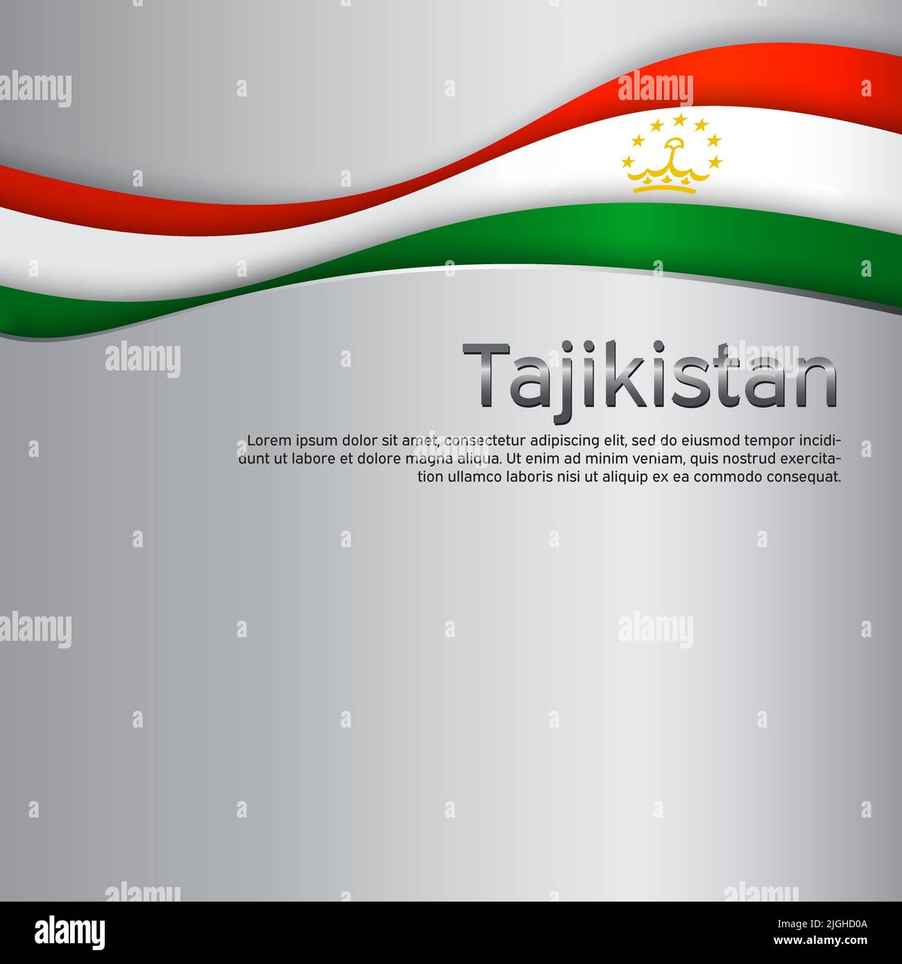 Astratto che sventola la bandiera del Tagikistan. Poster tagico nazionale. Sfondo in metallo creativo per la progettazione di carte vacanza patriottiche. Stato tagikistan patriottico Illustrazione Vettoriale