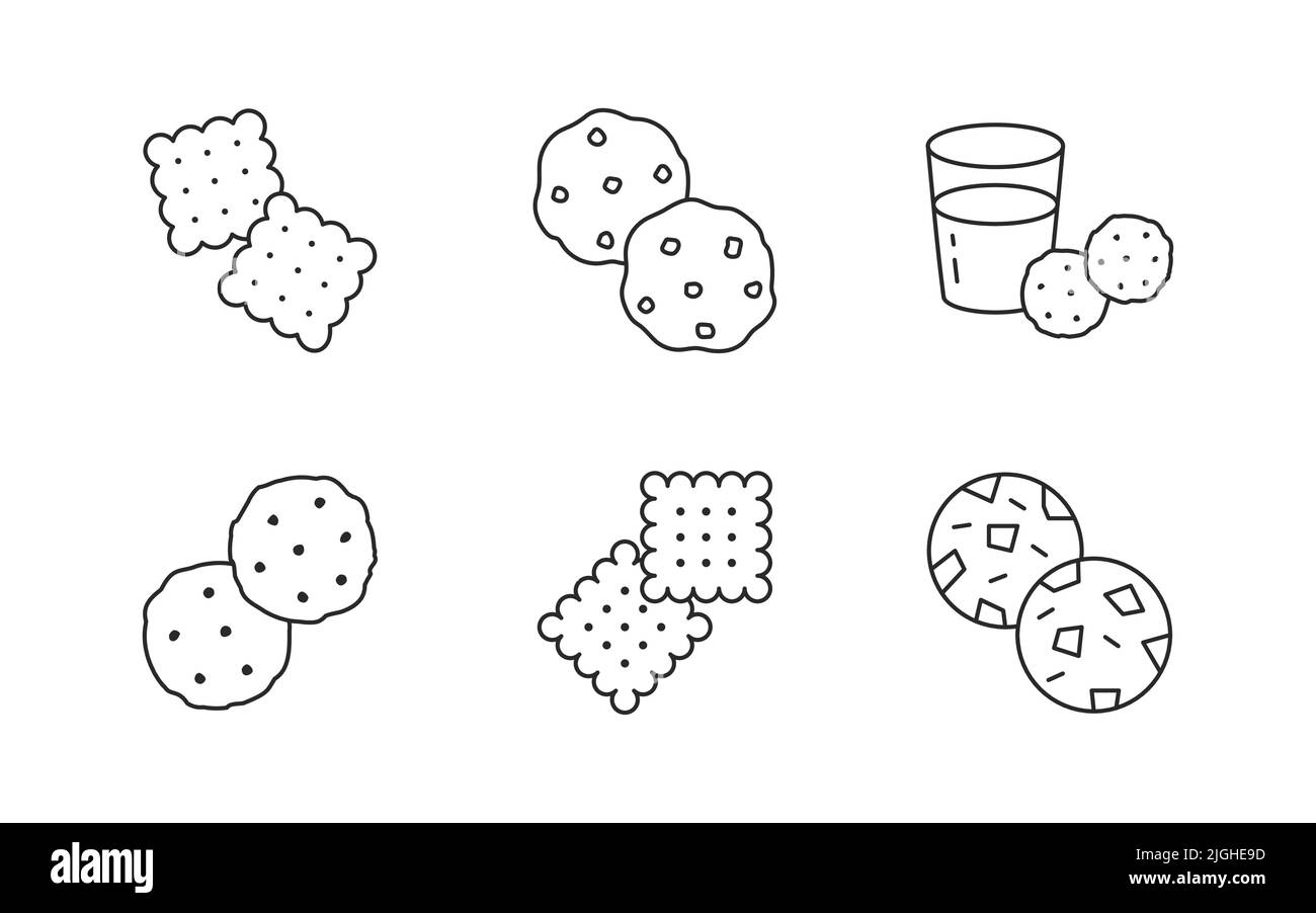 Illustrazione dei biscotti con icone - biscotti freschi di zucchero, cracker croccante, bicchiere di latte, pasticceria, snack. Arte sottile della pasticceria Illustrazione Vettoriale