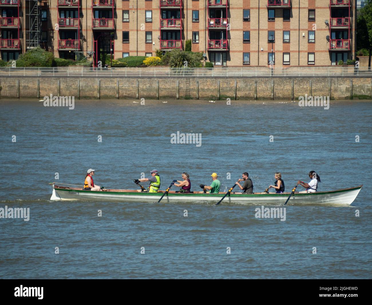 Sei vogatori in una barca sul Tamigi a Greenwich, Londra SE10 UK Foto Stock