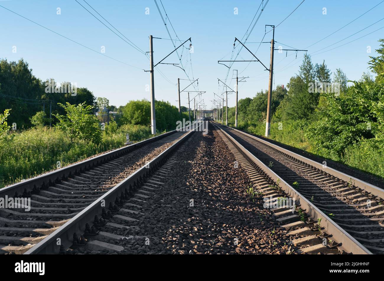Due binari ferroviari durante la giornata estiva di sole. Due linee ferroviarie tra la foresta. Foto Stock