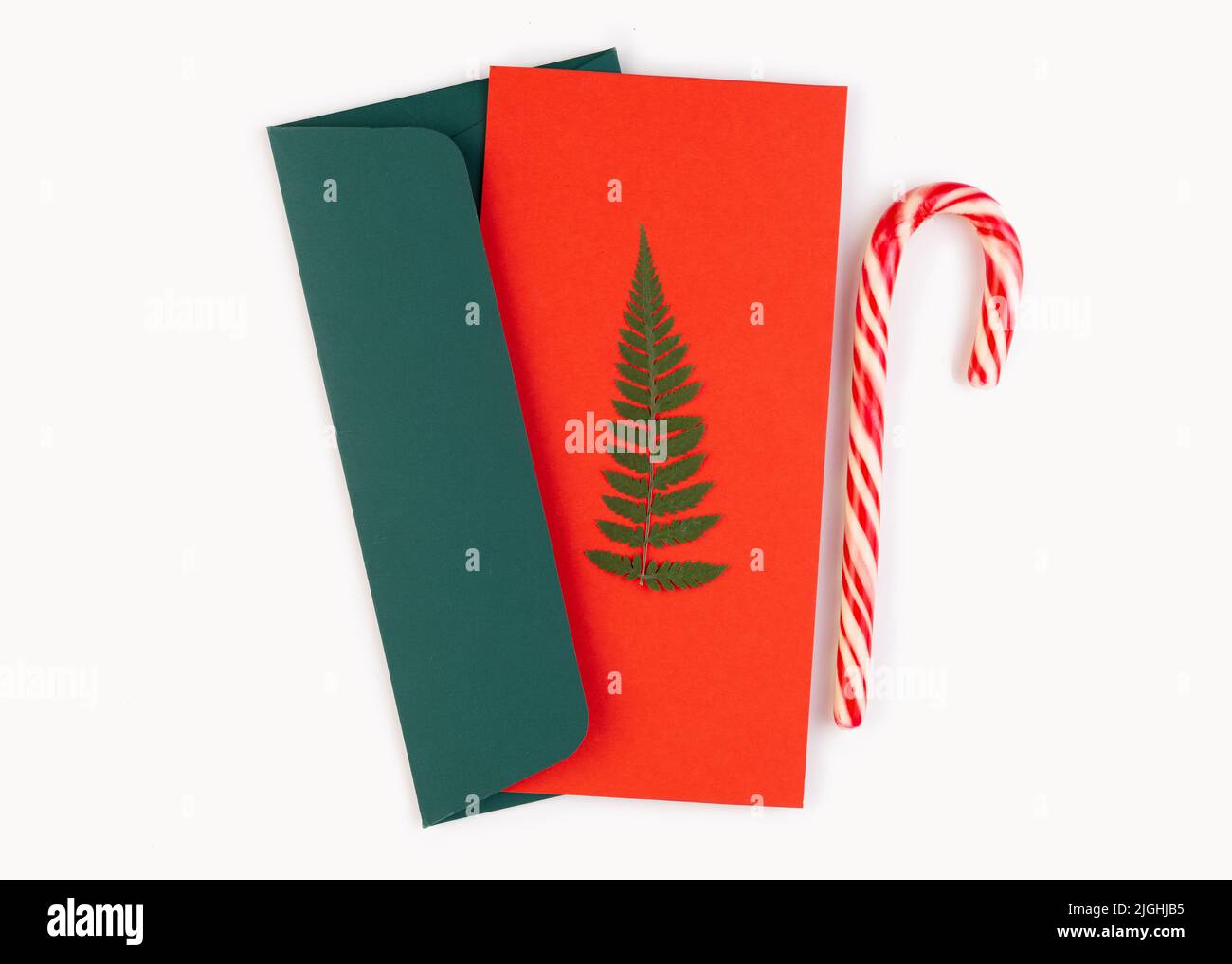 Albero di Natale fatto da foglie di felce essiccate pressate su una cartolina rossa in una busta verde. Vicino alla canna di caramella. Biglietto d'auguri natalizio fatto a mano in Foto Stock
